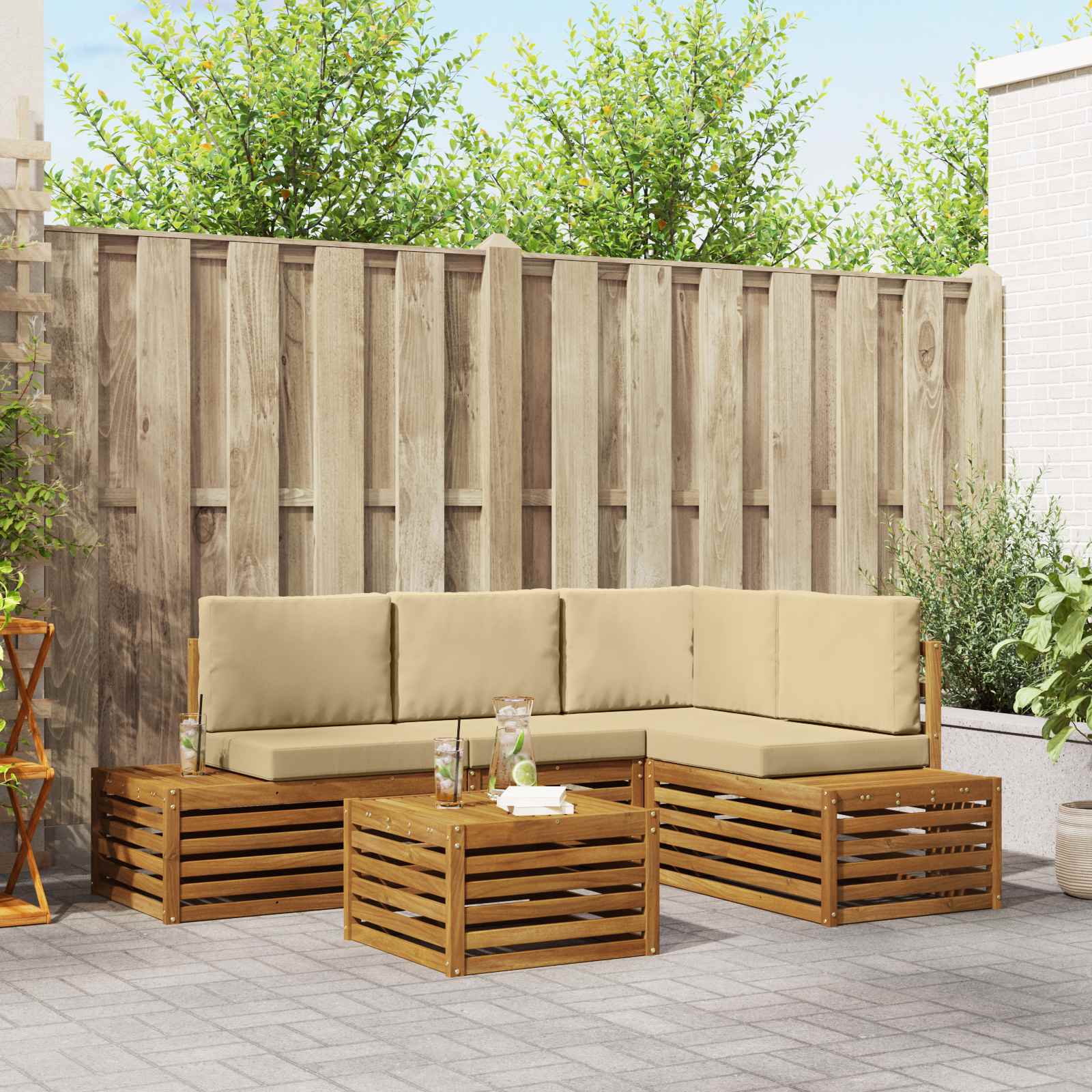 5 stk. Outdoor-Sofagarnitur Massives Akazienholz und Polyester