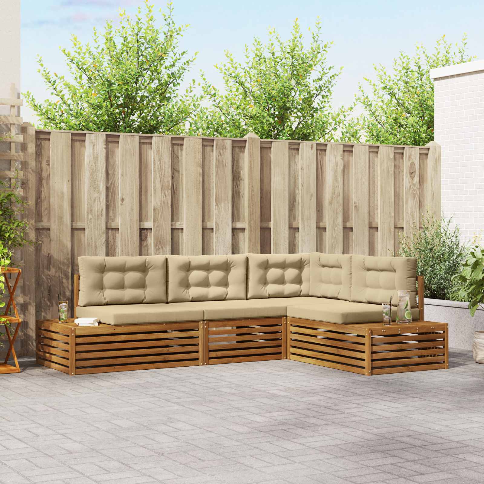 5 stk. Outdoor-Sofagarnitur Massives Akazienholz und Polyester