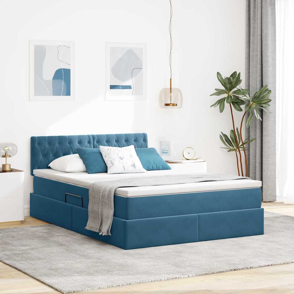 LED-Speicherbett mit Matratze Dunkelblau 140 x 200 cm Samt
