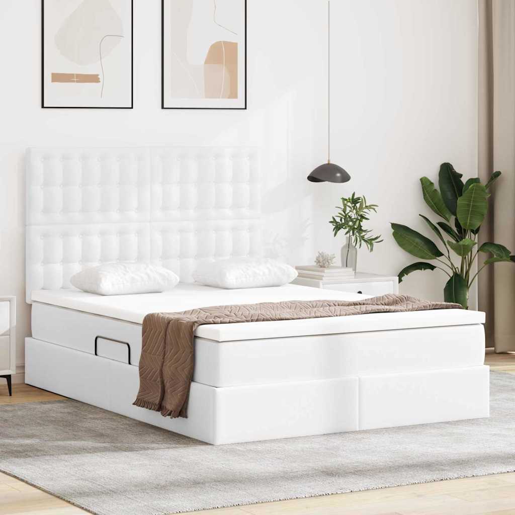 Bett mit LED-Lichtleisten Reinweiß 140 x 190 cm Kunstleder