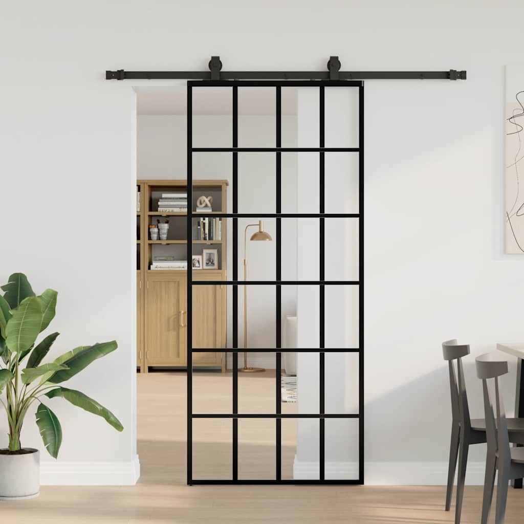Schiebetür mit Beschlag Schwarz 90x205 cm ESG-Glas