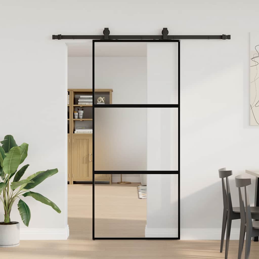 Schiebetür mit Beschlag Schwarz 90x205 cm Hartglas