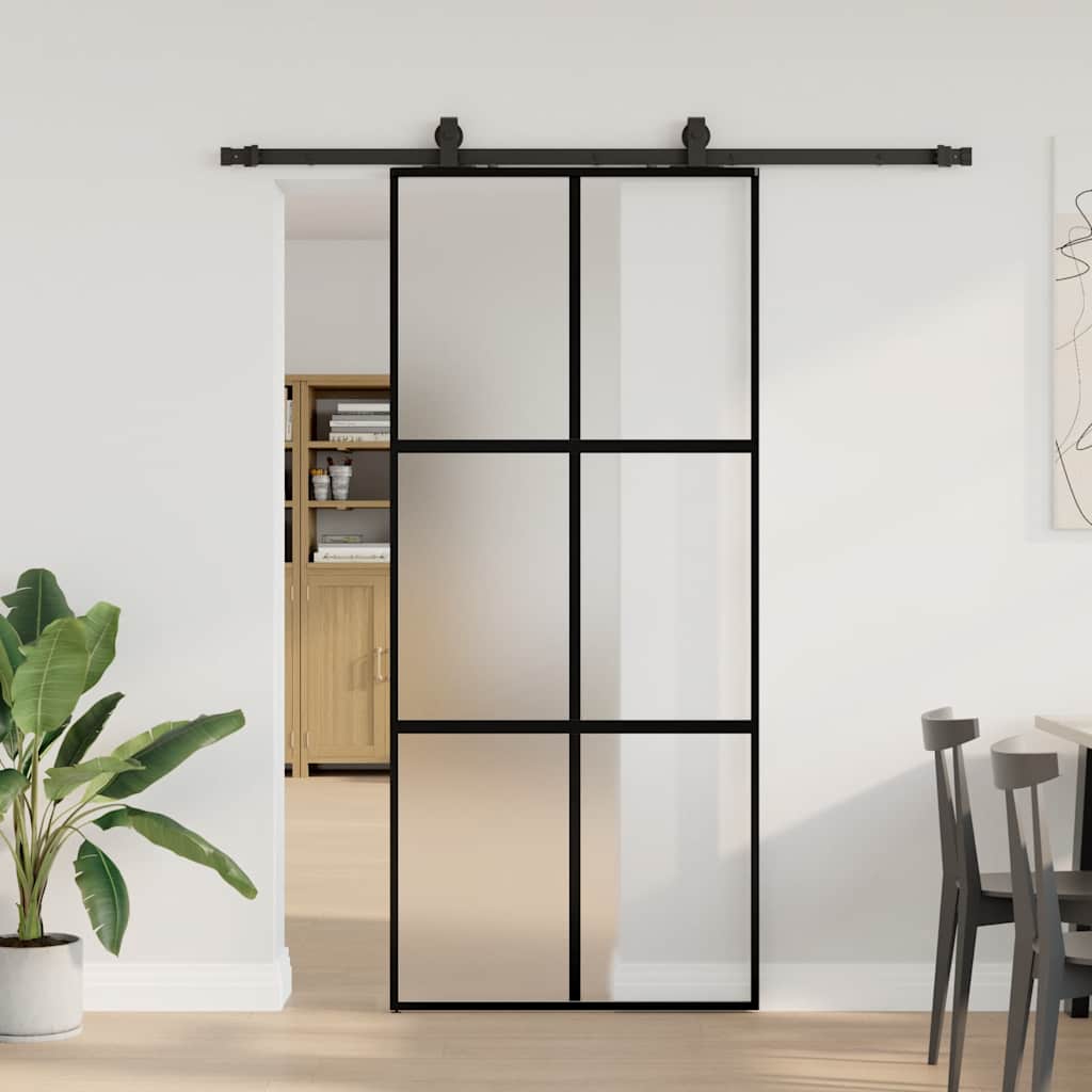 Schiebetür mit Beschlag Schwarz 90x205 cm Hartglas