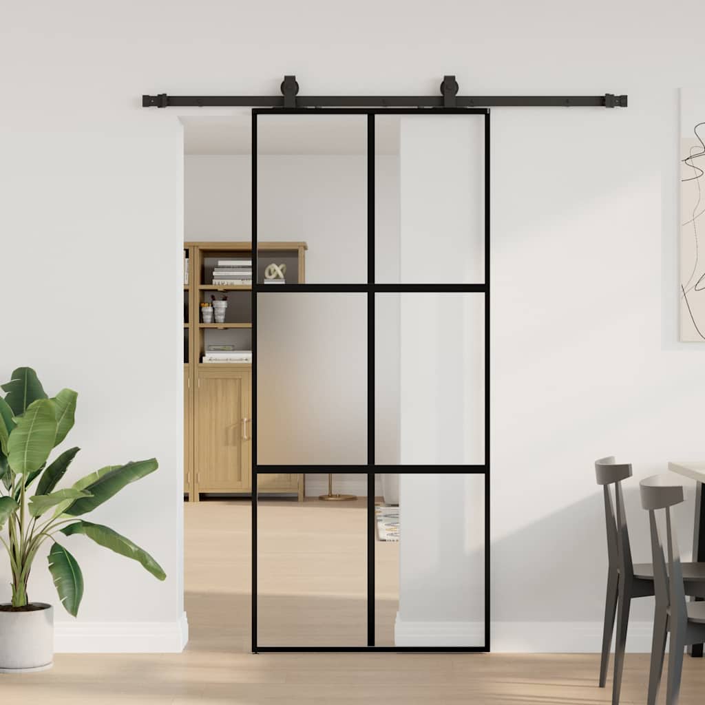 Schiebetür mit Beschlag Schwarz 90x205 cm Hartglas