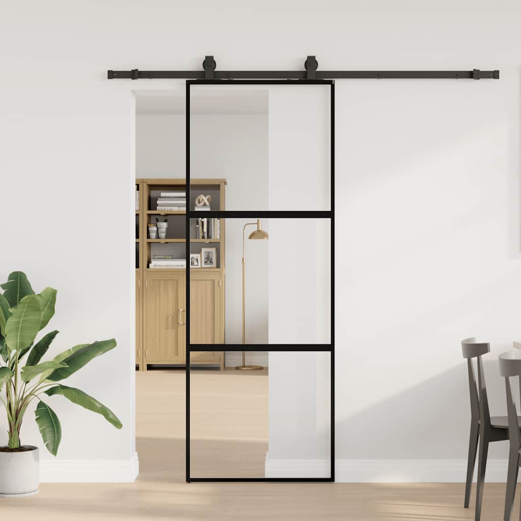 Schiebetür mit Beschlag Schwarz 76x205 cm Hartglas