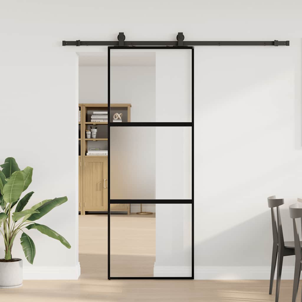 Schiebetür mit Beschlag Schwarz 76x205 cm Hartglas