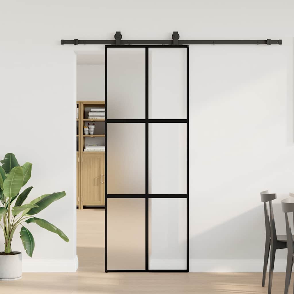 Schiebetür mit Beschlag Schwarz 76x205 cm Hartglas