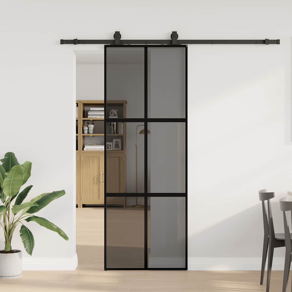 Schiebetür mit Beschlag Schwarz 76x205 cm Hartglas