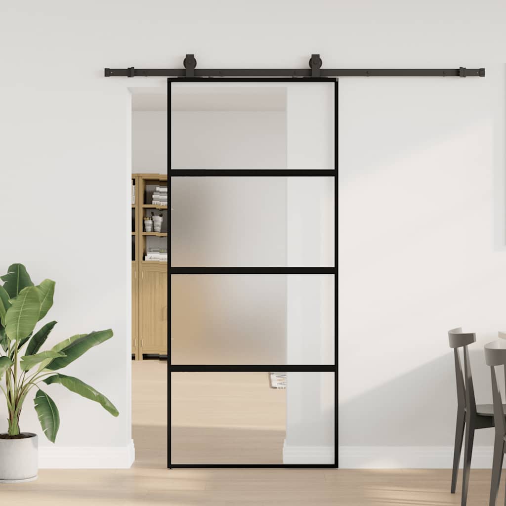 Schiebetür mit Beschlag Schwarz 90x205 cm Hartglas