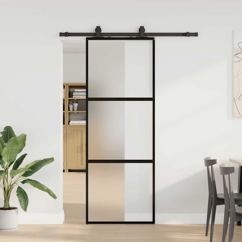 Schiebetür mit Beschlag Schwarz 76x205 cm Hartglas