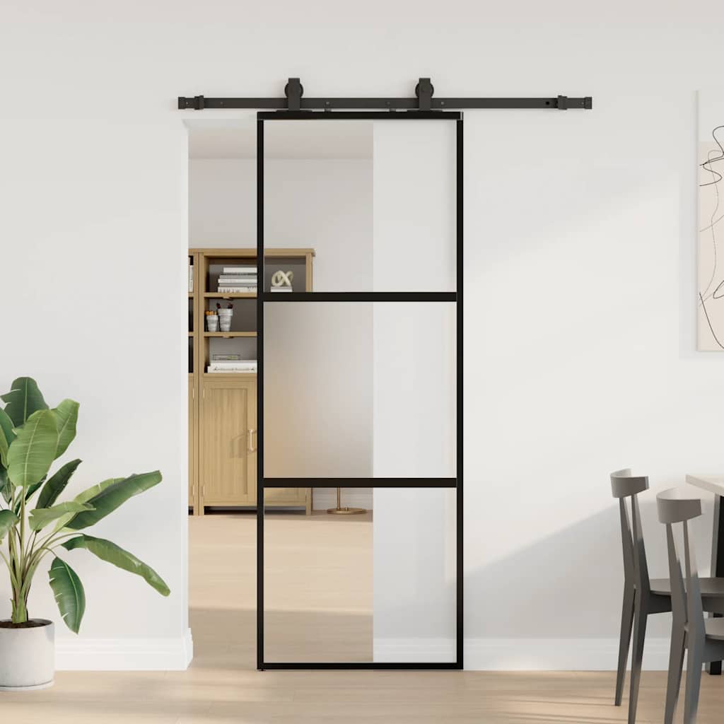 Schiebetür mit Beschlag Schwarz 76x205 cm Hartglas