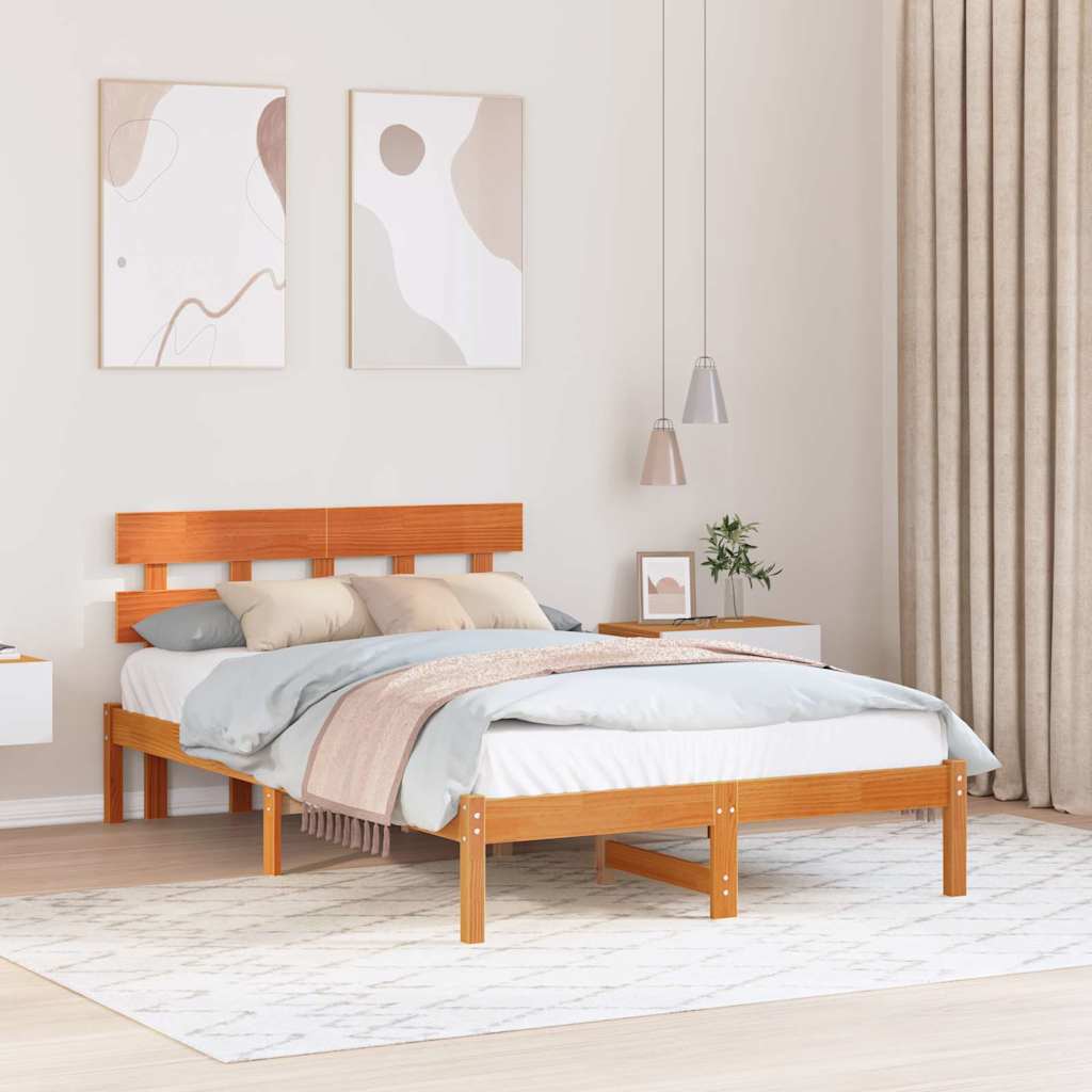 Bettgestell mit Kopfteil Braun 135 x 190 cm Massivholz Kiefer