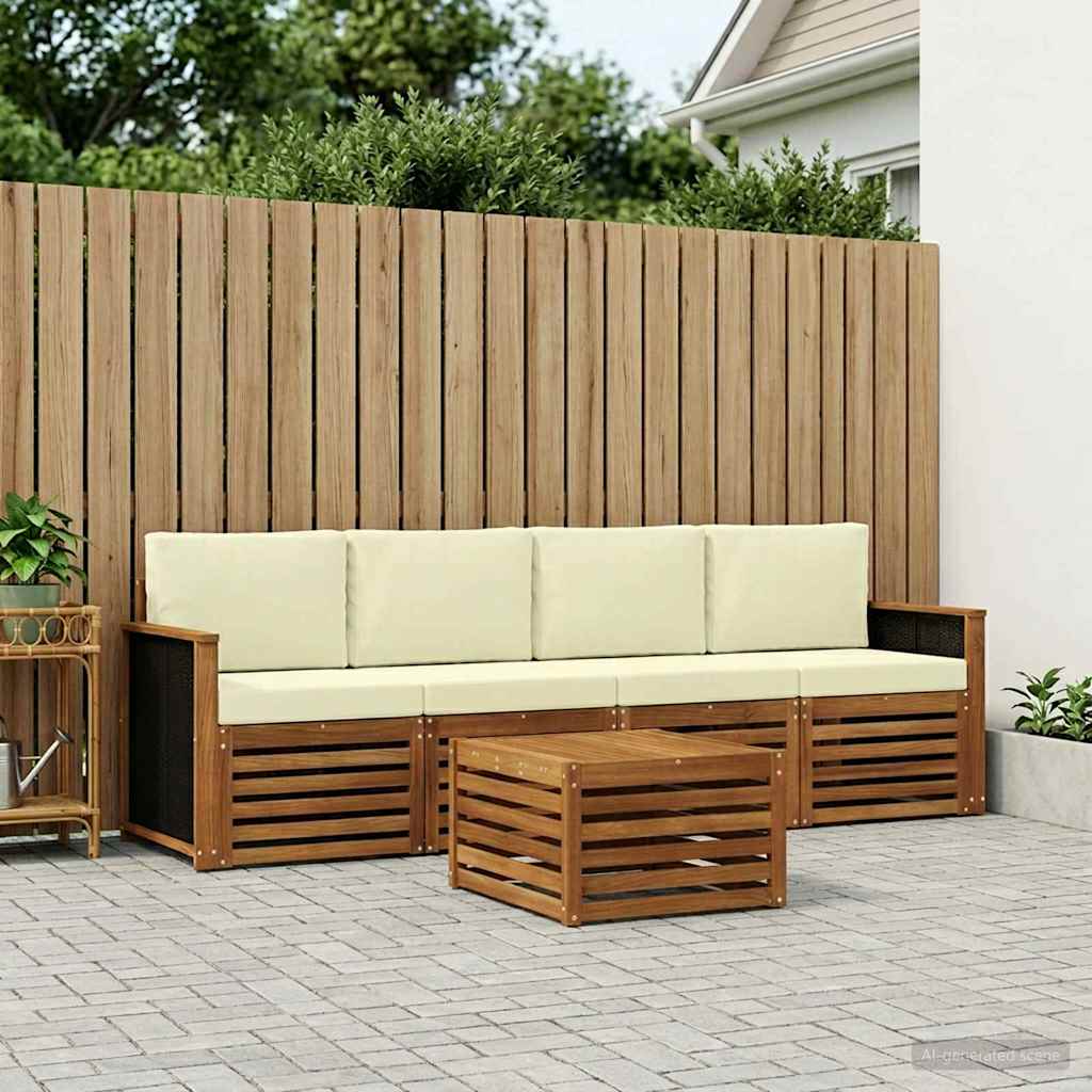 Outdoor-Sofagarnitur 5 stk. Natur und Creme Massivholz Akazie