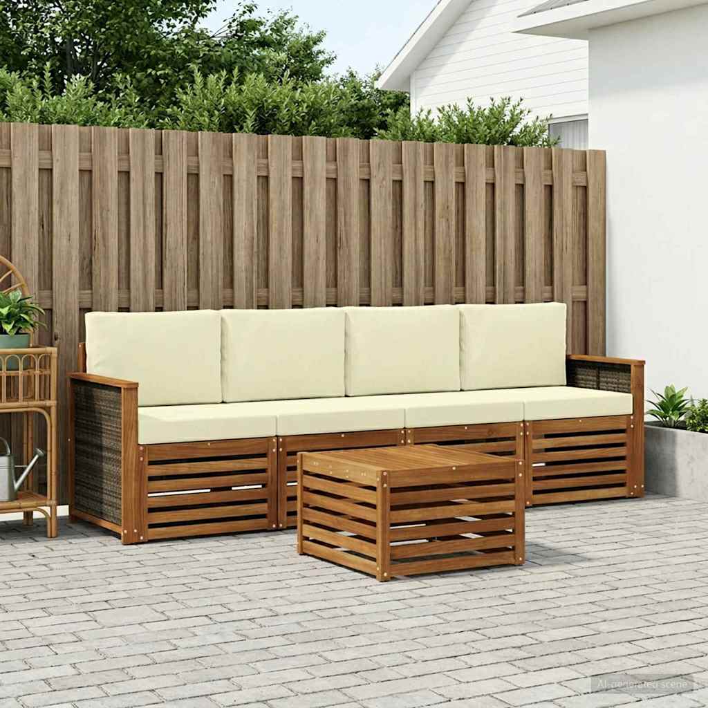 Outdoor-Sofagarnitur 5 stk. Natur und Creme Massivholz Akazie