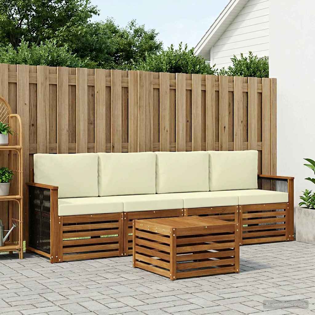 Outdoor-Sofagarnitur 5 stk. Natur und Creme Massivholz Akazie