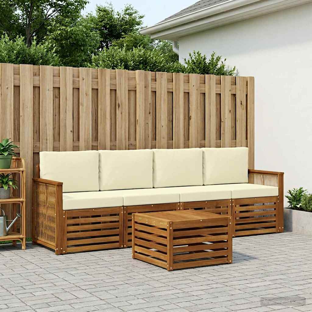 Outdoor-Sofagarnitur 5 stk. Natur und Creme Massivholz Akazie