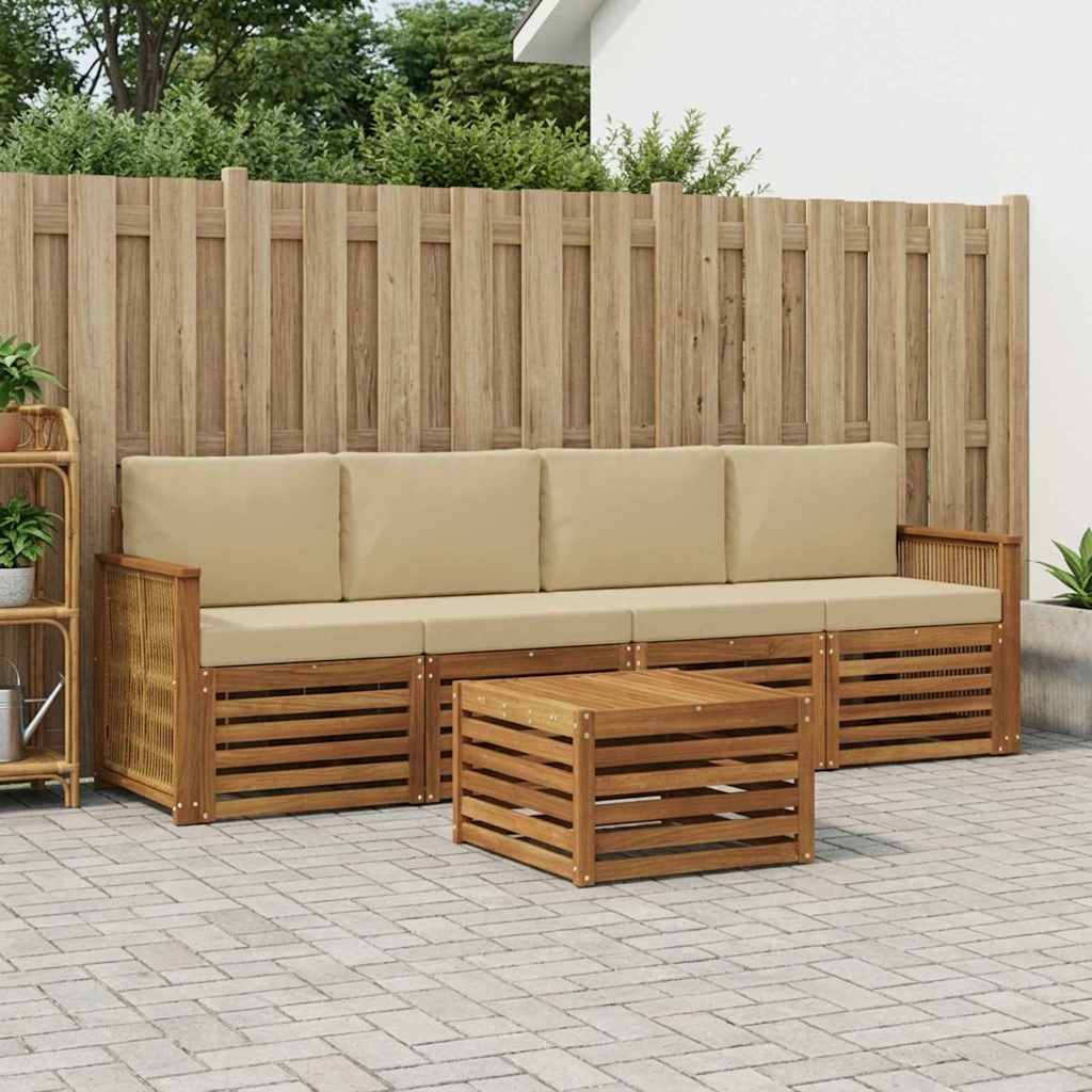 Outdoor-Sofagarnitur 5 stk. Natur und Beige Massivholz Akazie