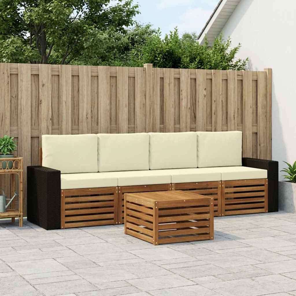 Outdoor-Sofagarnitur 5 stk. Natur und Creme Massivholz Akazie