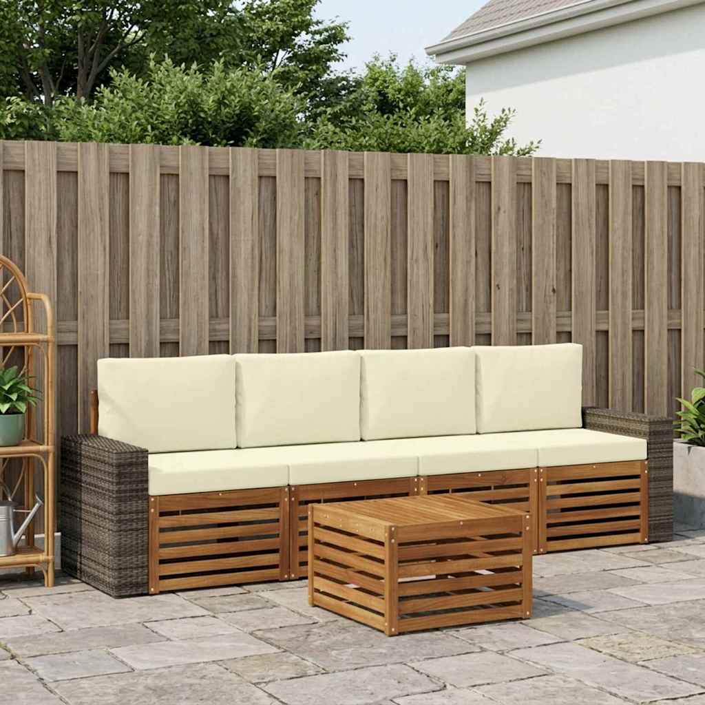 Outdoor-Sofagarnitur 5 stk. Natur und Creme Massivholz Akazie