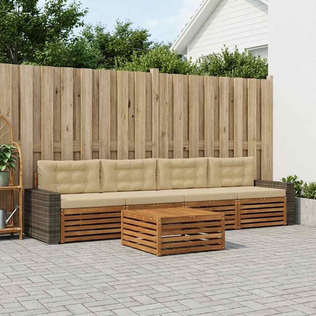 Outdoor-Sofagarnitur 5 stk. Natur und Beige Massivholz Akazie