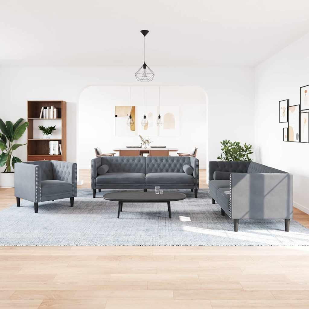 Wohnzimmer Couch 3 stk. Dunkelgrau Samt