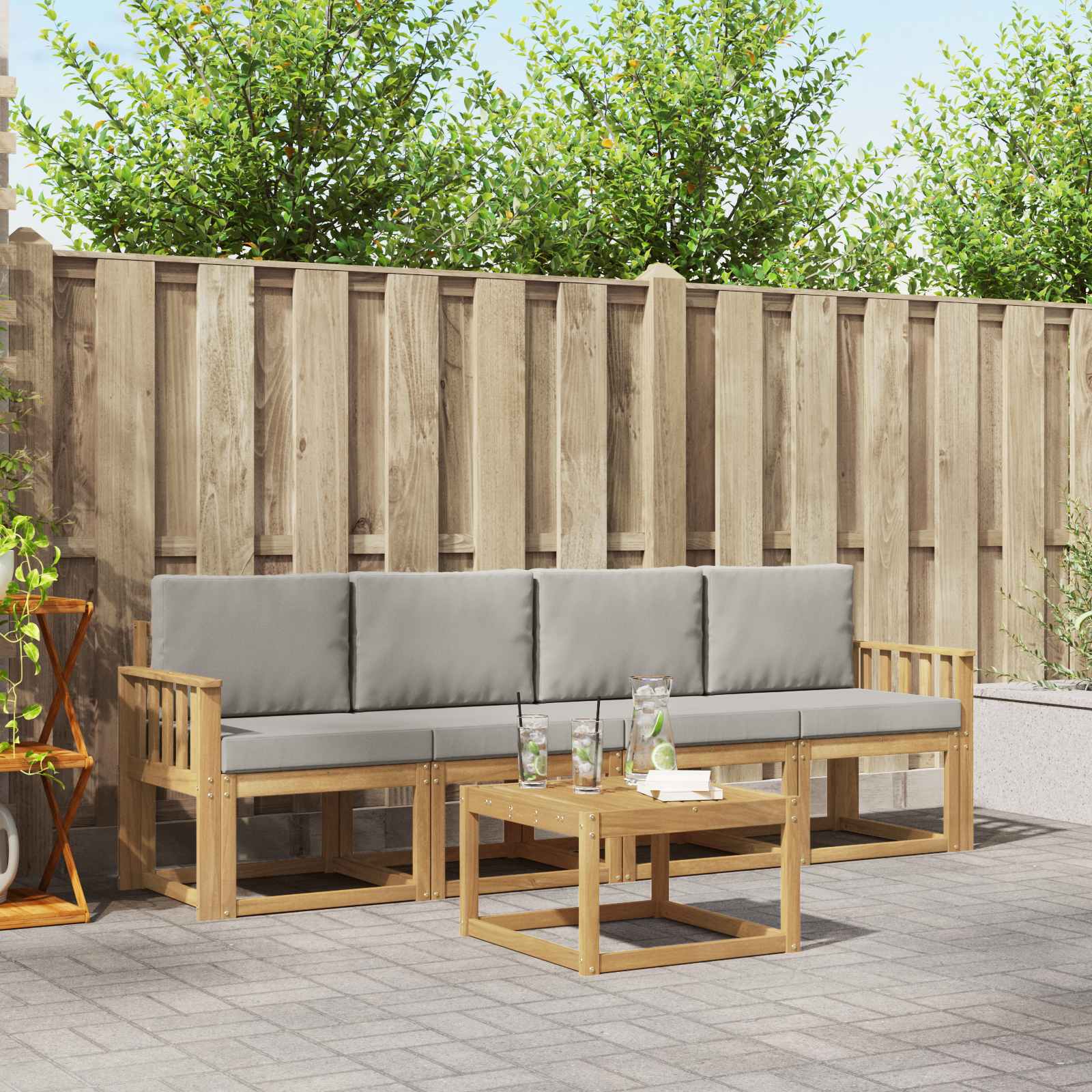 Outdoor-Sofagarnitur 5 stk. Weiß und Hellgrau Polyester