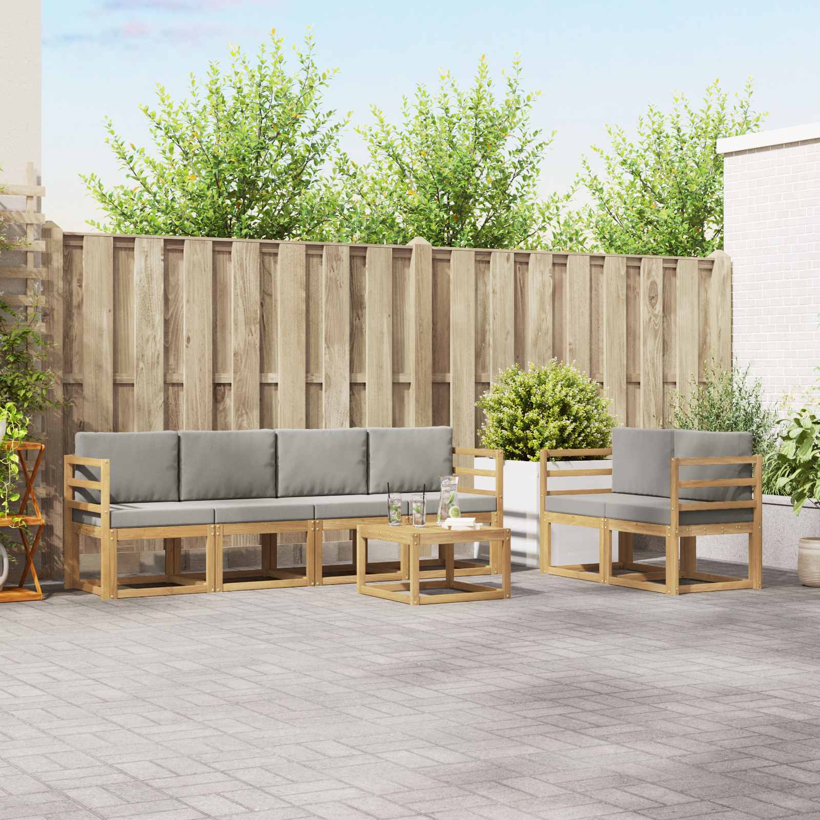 Outdoor-Sofagarnitur 7 stk. Weiß und Hellgrau Polyester
