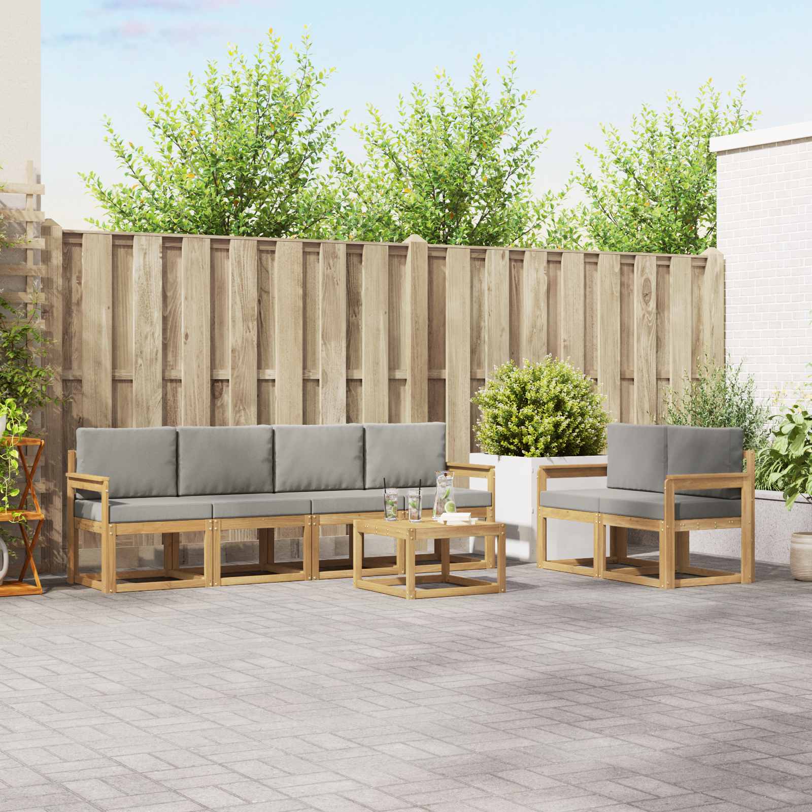 Outdoor-Sofagarnitur 7 stk. Weiß und Hellgrau Polyester