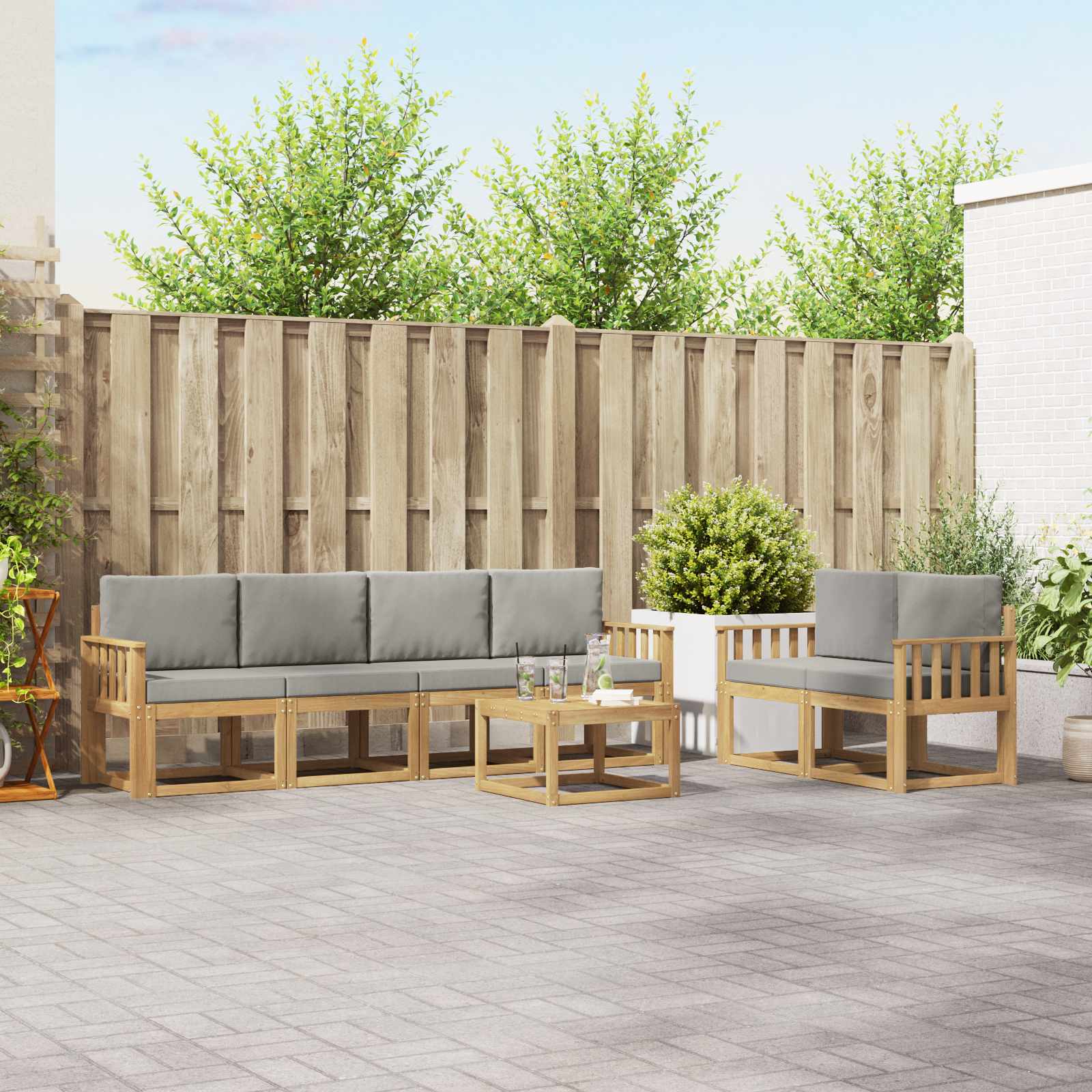 Outdoor-Sofagarnitur 7 stk. Weiß und Hellgrau Polyester