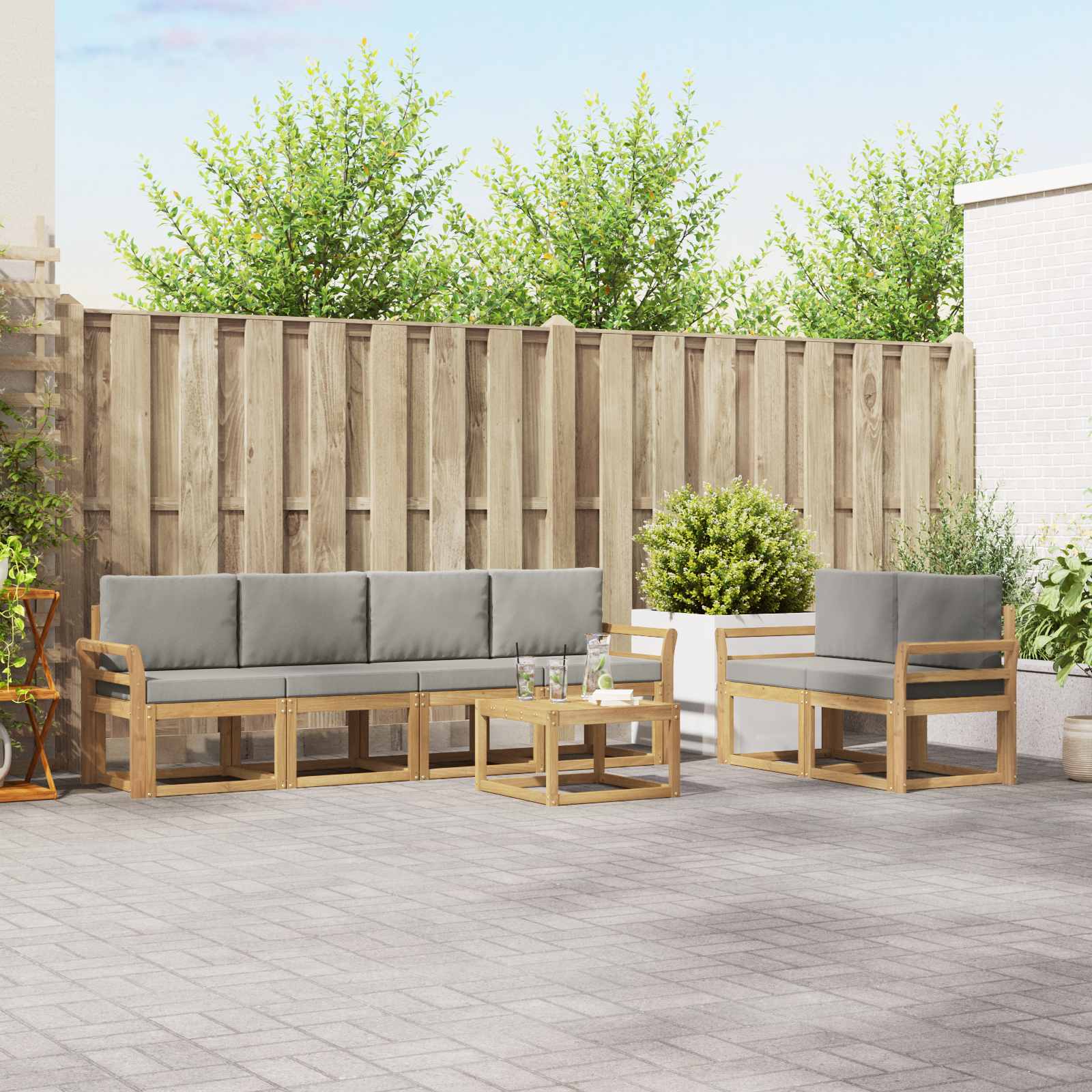 Outdoor-Sofagarnitur 7 stk. Weiß und Hellgrau Polyester