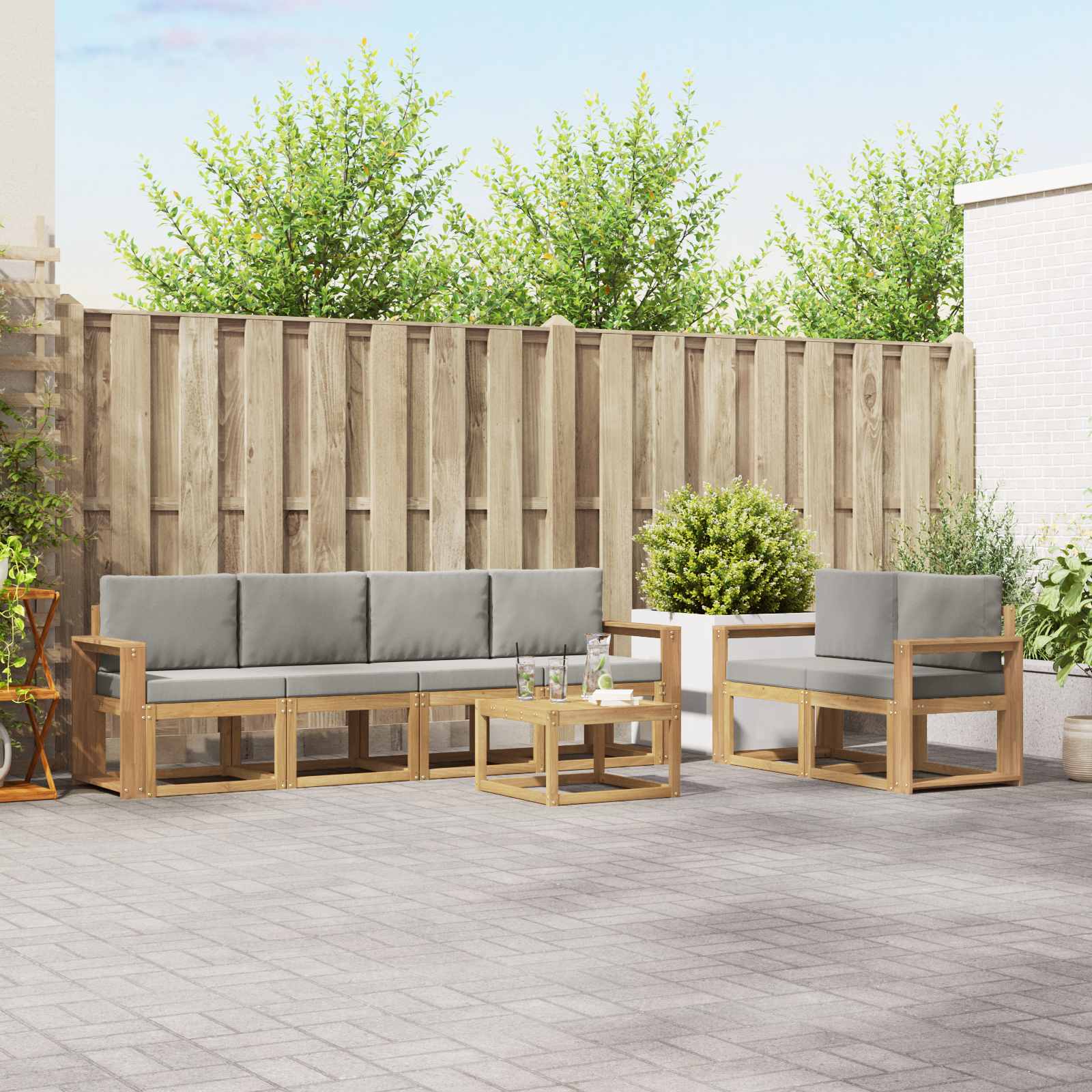 Outdoor-Sofagarnitur 7 stk. Weiß und Hellgrau Polyester