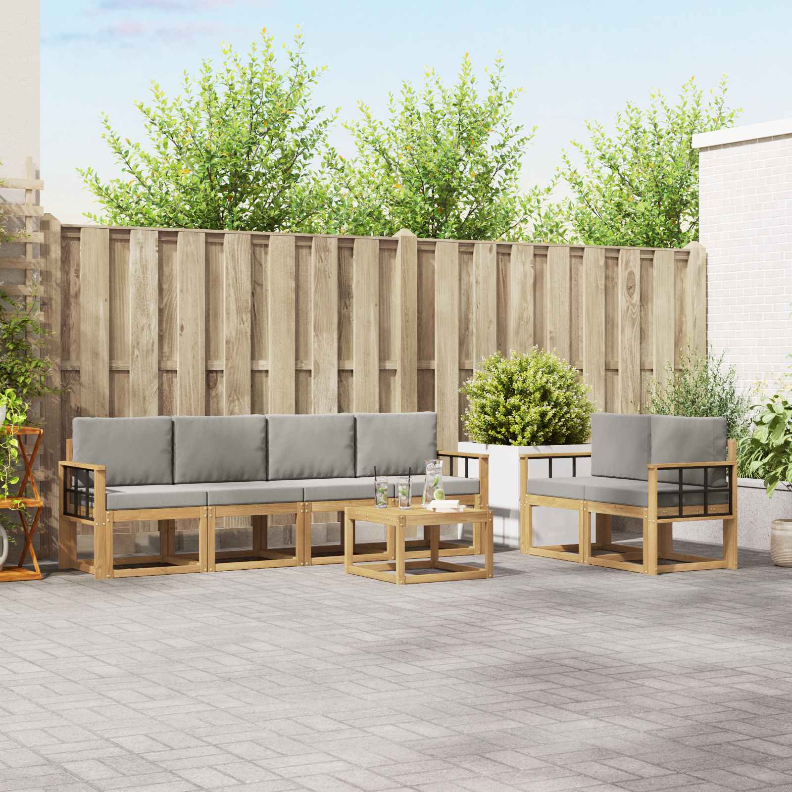 Outdoor-Sofagarnitur 7 stk. Weiß und Hellgrau Polyester