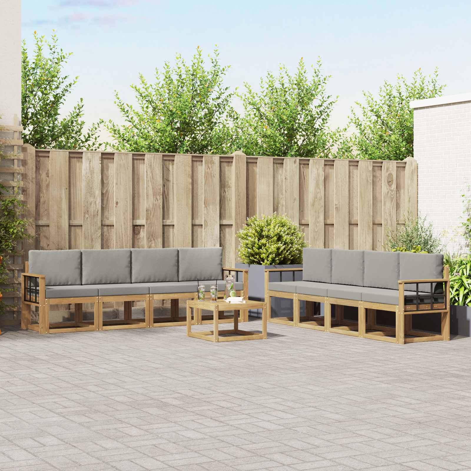 Outdoor-Sofagarnitur 9 Stk. Weiß und Hellgrau Polyester