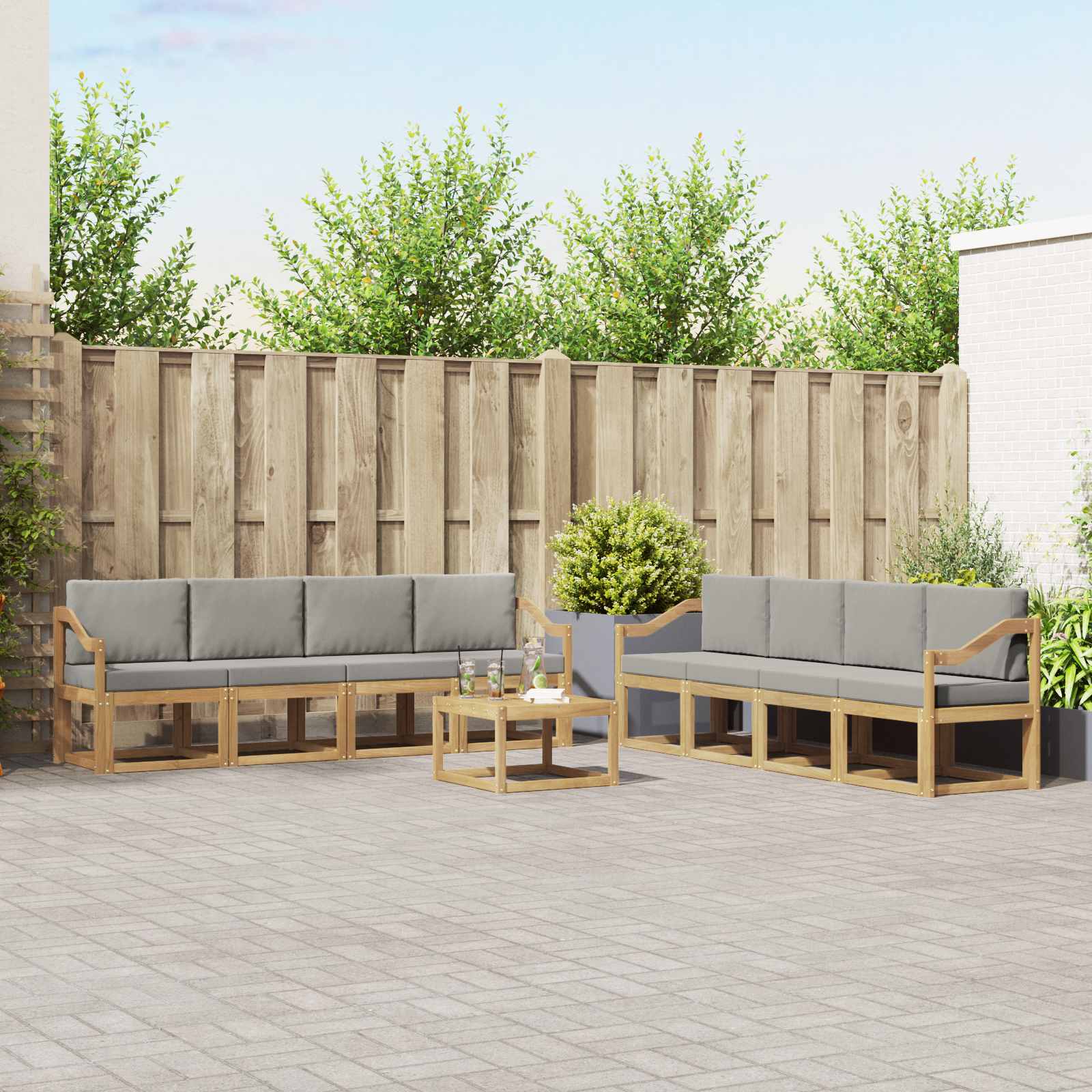 Outdoor-Sofagarnitur 9 Stk. Weiß und Hellgrau Polyester