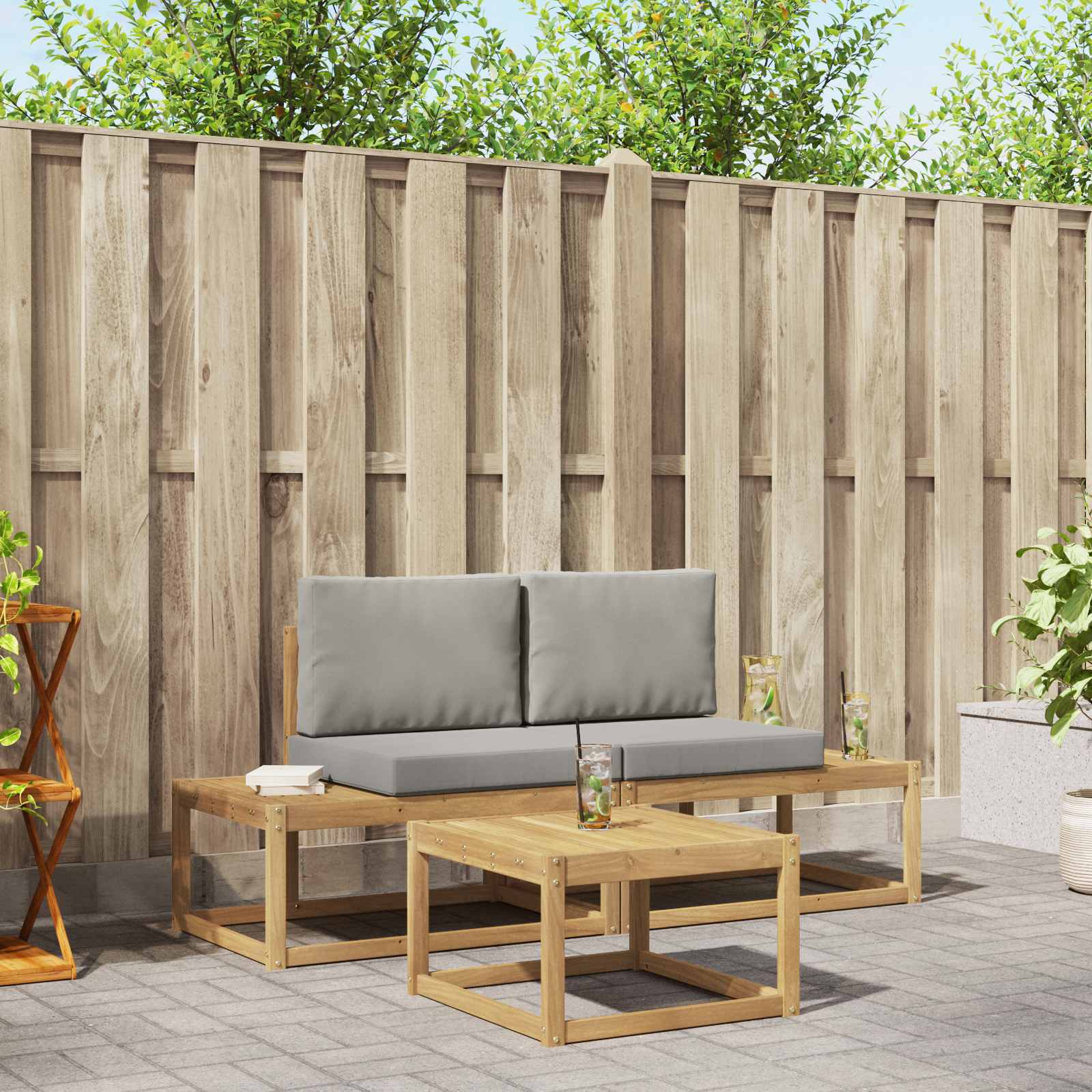 Outdoor-Sofagarnitur 3 stk. Weiß und Hellgrau Polyester