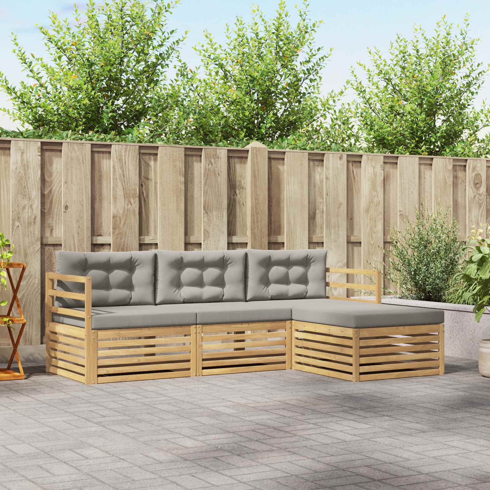 Outdoor-Sofagarnitur 4 stk. Weiß und Hellgrau Polyester