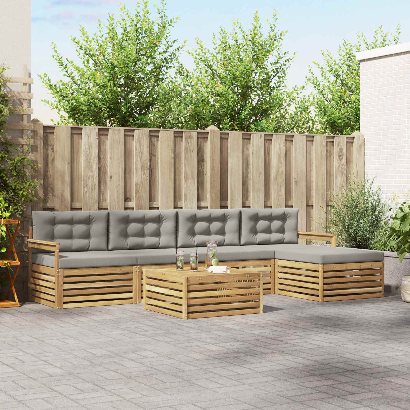 Outdoor-Sofagarnitur 7 stk. Weiß und Hellgrau Polyester