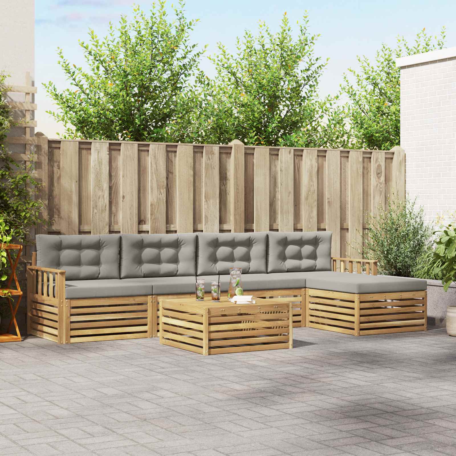 Outdoor-Sofagarnitur 7 stk. Weiß und Hellgrau Polyester