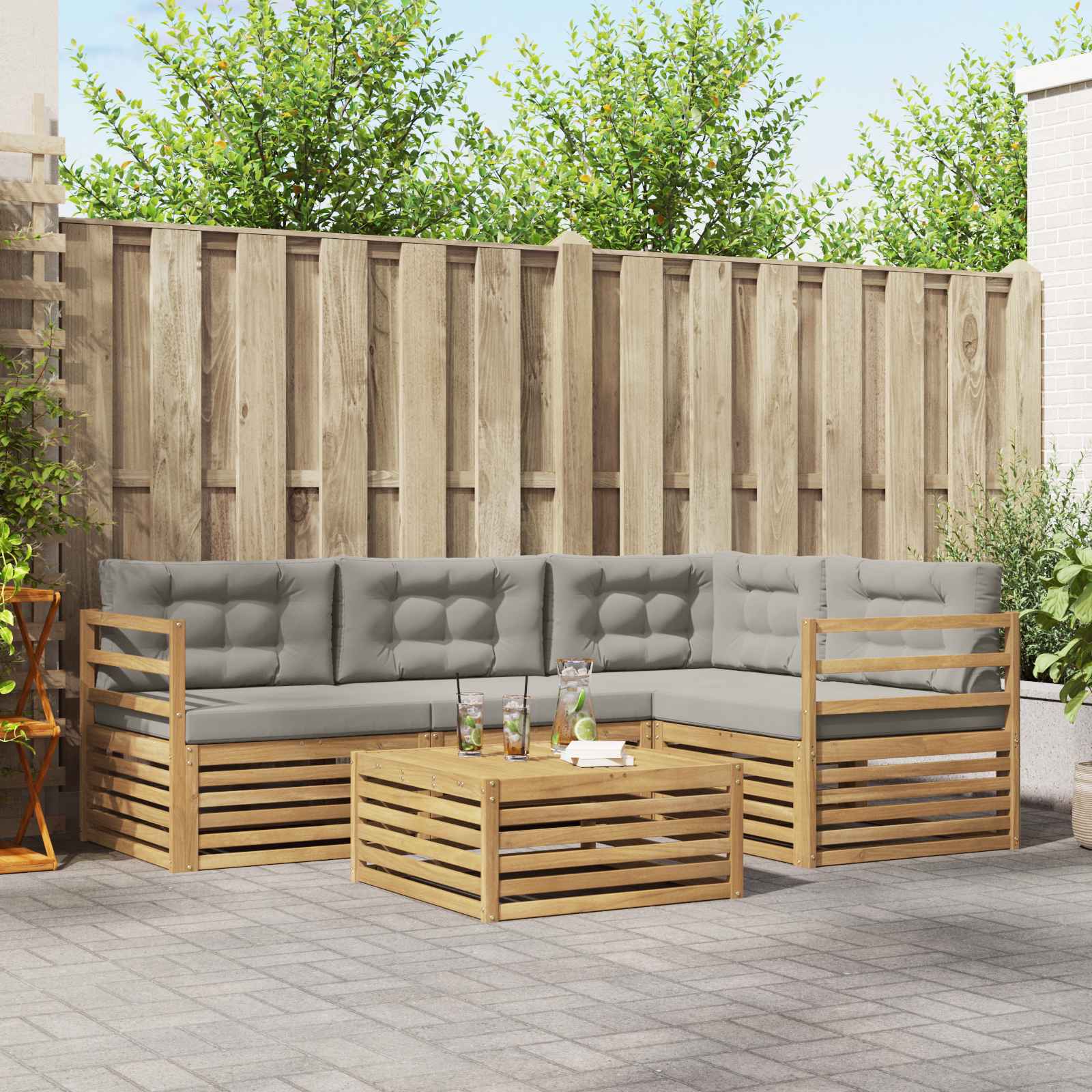 Outdoor-Sofagarnitur 5 stk. Weiß und Hellgrau Polyester