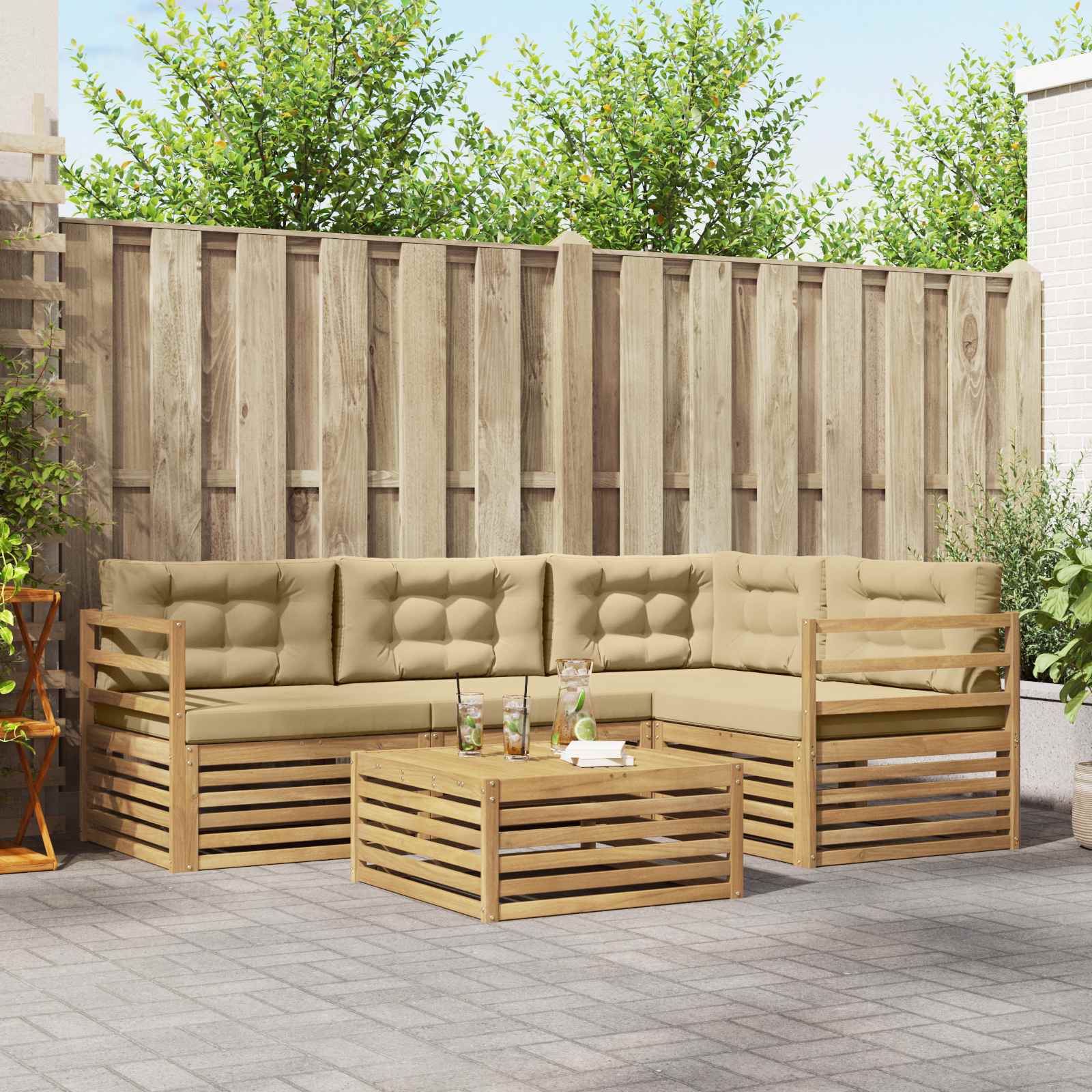 Outdoor-Sofagarnitur 5 stk. Weiß und Beige Polyester