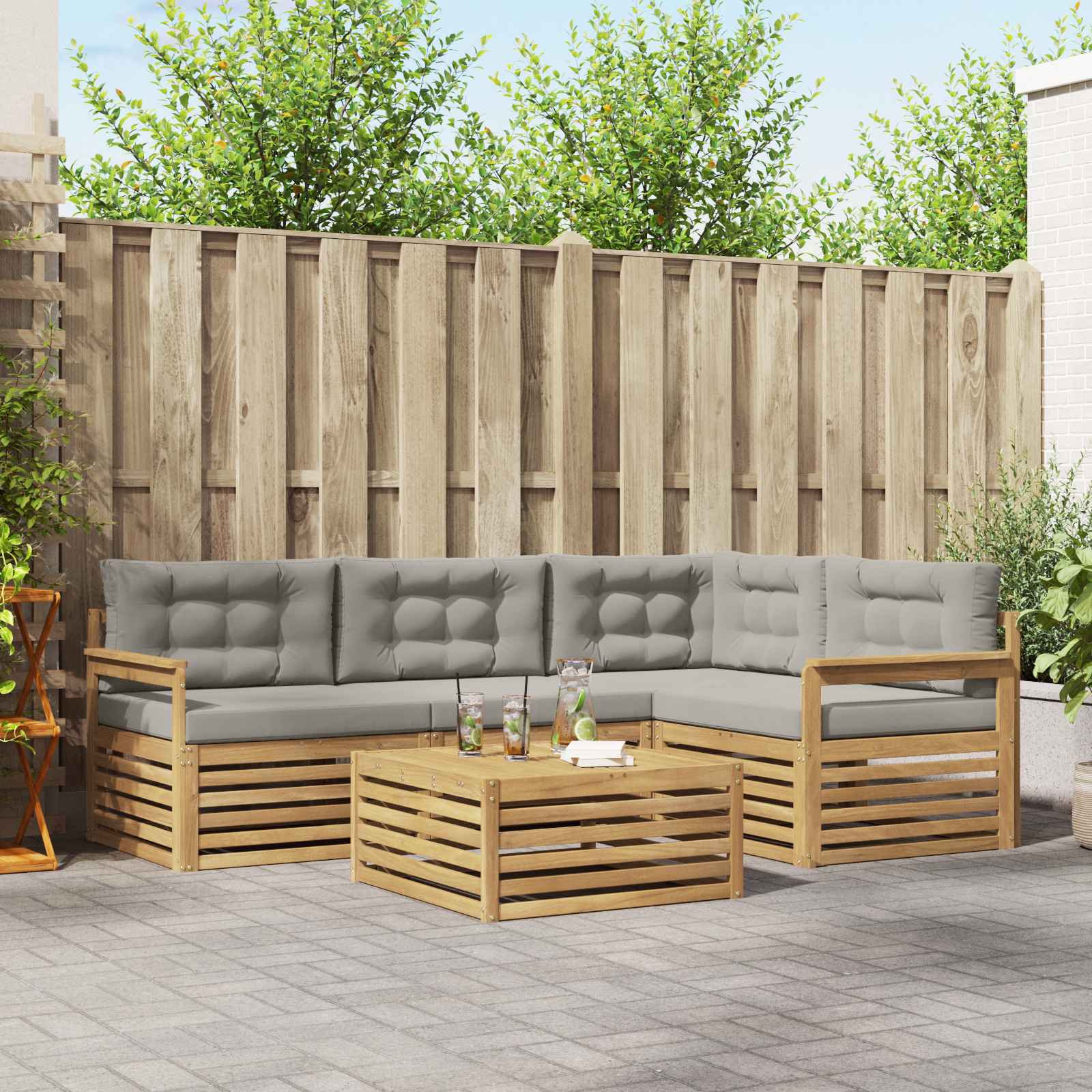 Outdoor-Sofagarnitur 6 stk. Weiß und Hellgrau Polyester