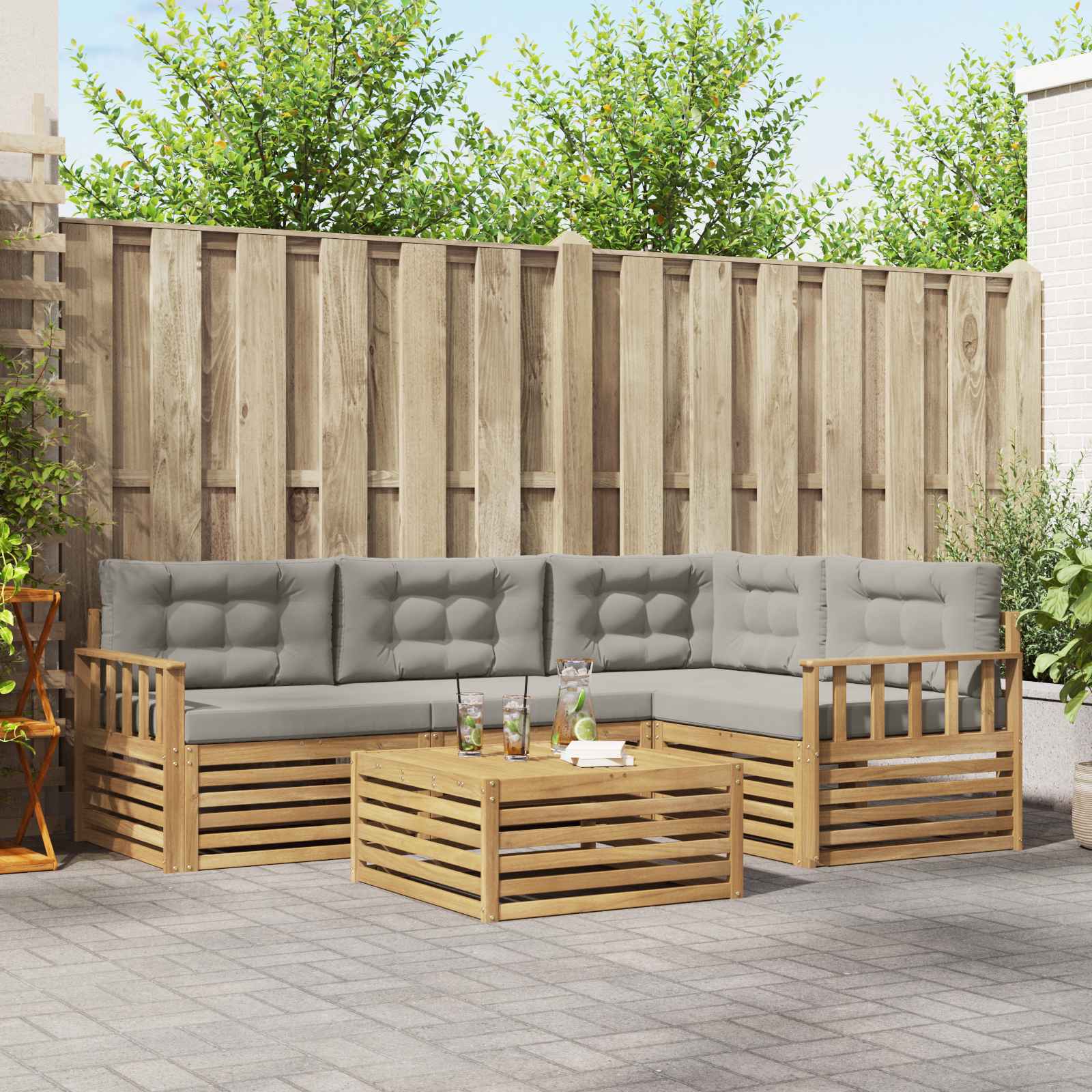 Outdoor-Sofagarnitur 6 stk. Weiß und Hellgrau Polyester