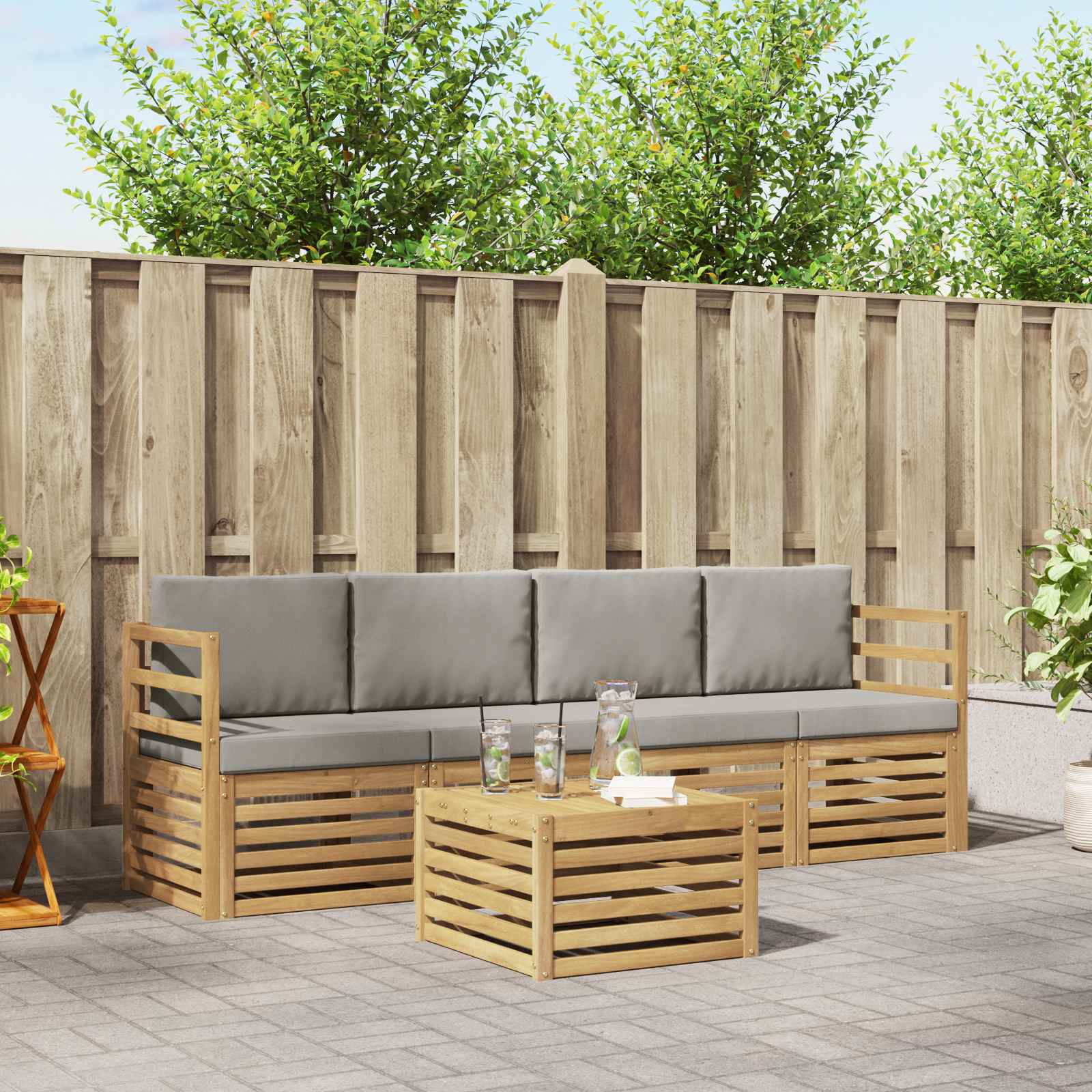 Outdoor-Sofagarnitur 5 stk. Weiß und Hellgrau Polyester