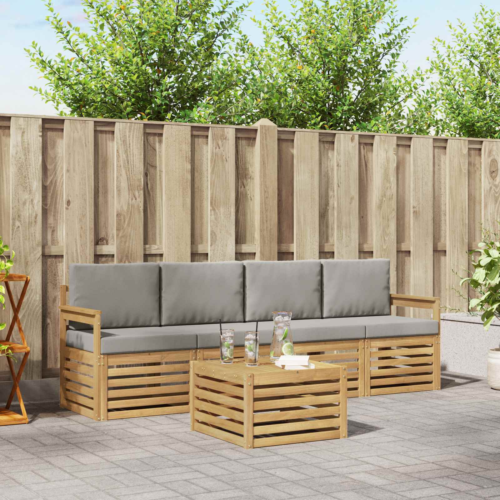 Outdoor-Sofagarnitur 5 stk. Weiß und Hellgrau Polyester