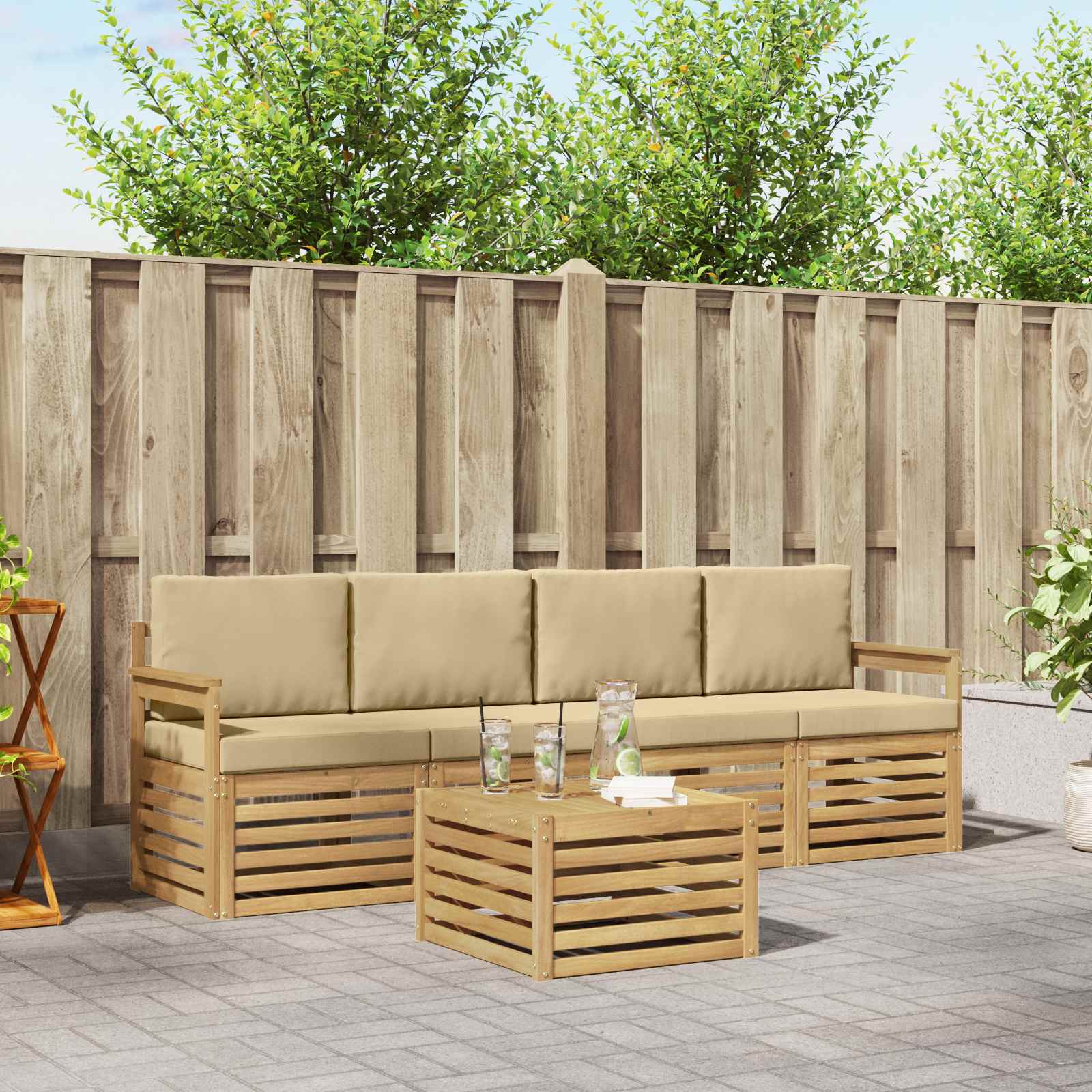 Outdoor-Sofagarnitur 5 stk. Weiß und Beige Polyester