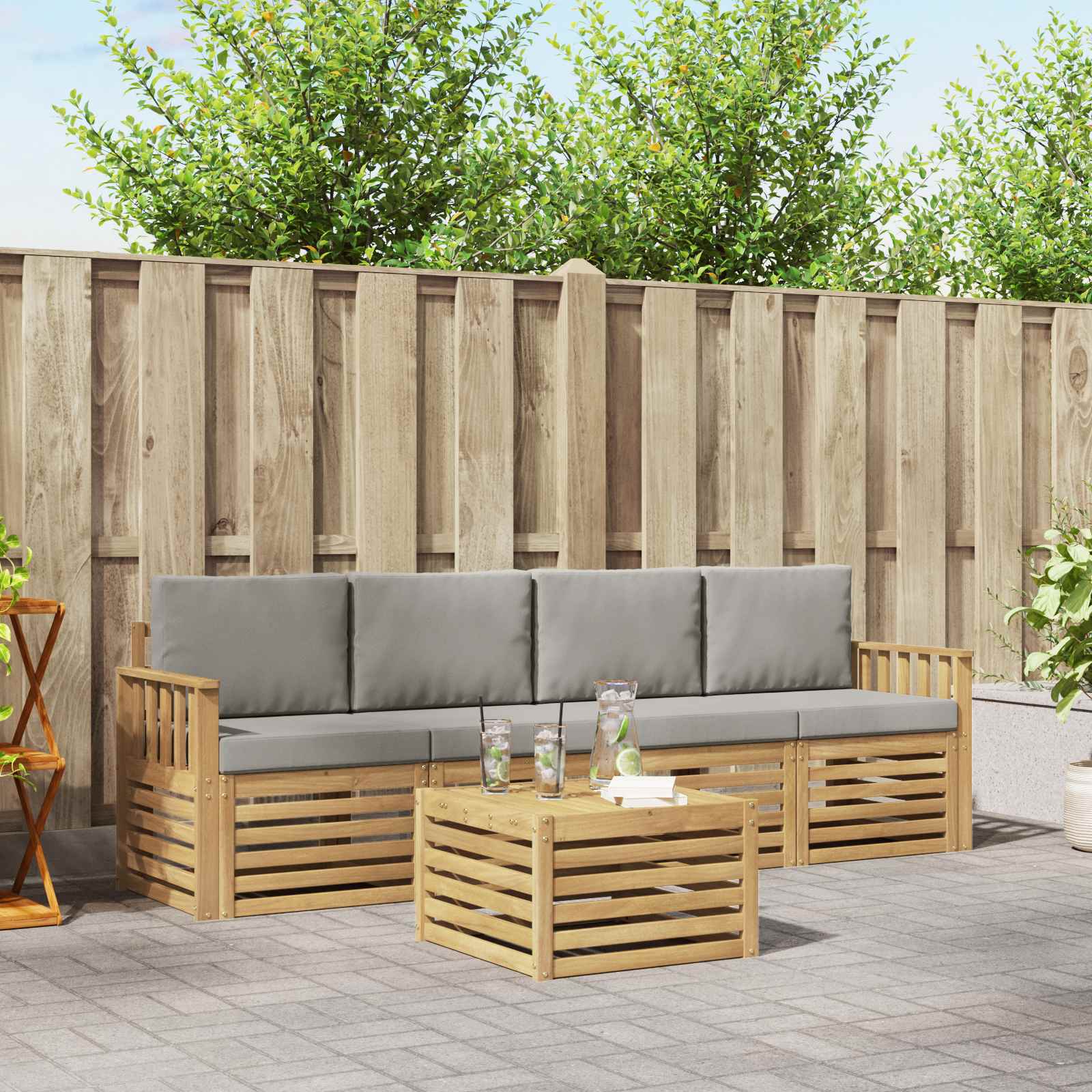 Outdoor-Sofagarnitur 5 stk. Weiß und Hellgrau Polyester