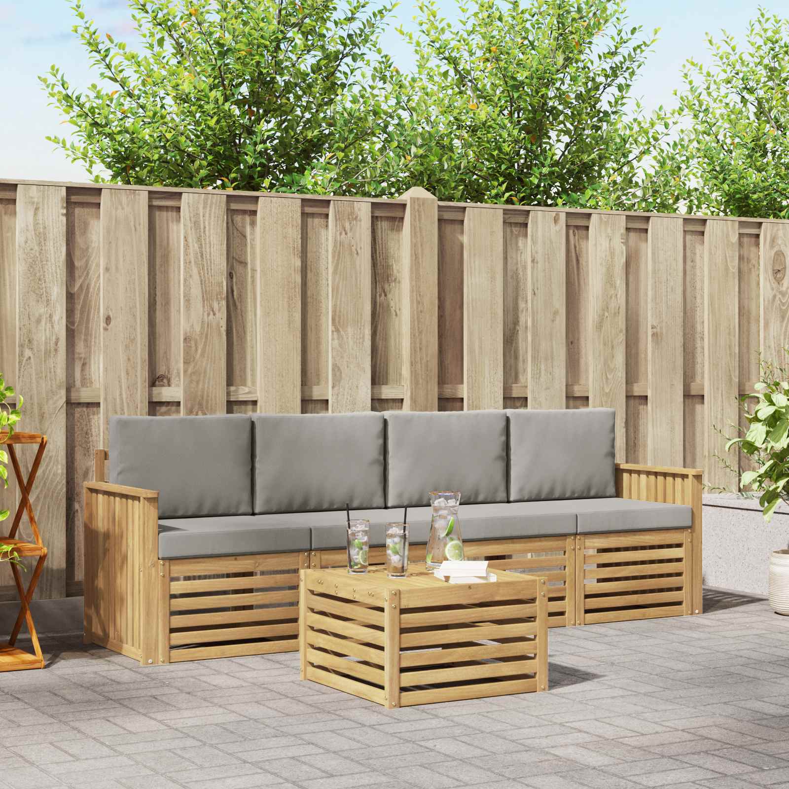 Outdoor-Sofagarnitur 5 stk. Weiß und Hellgrau Polyester