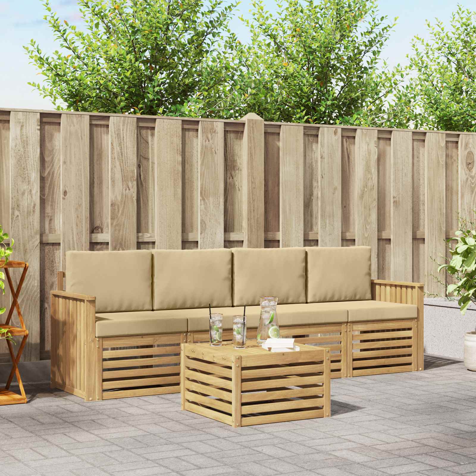 Outdoor-Sofagarnitur 5 stk. Weiß und Beige Polyester
