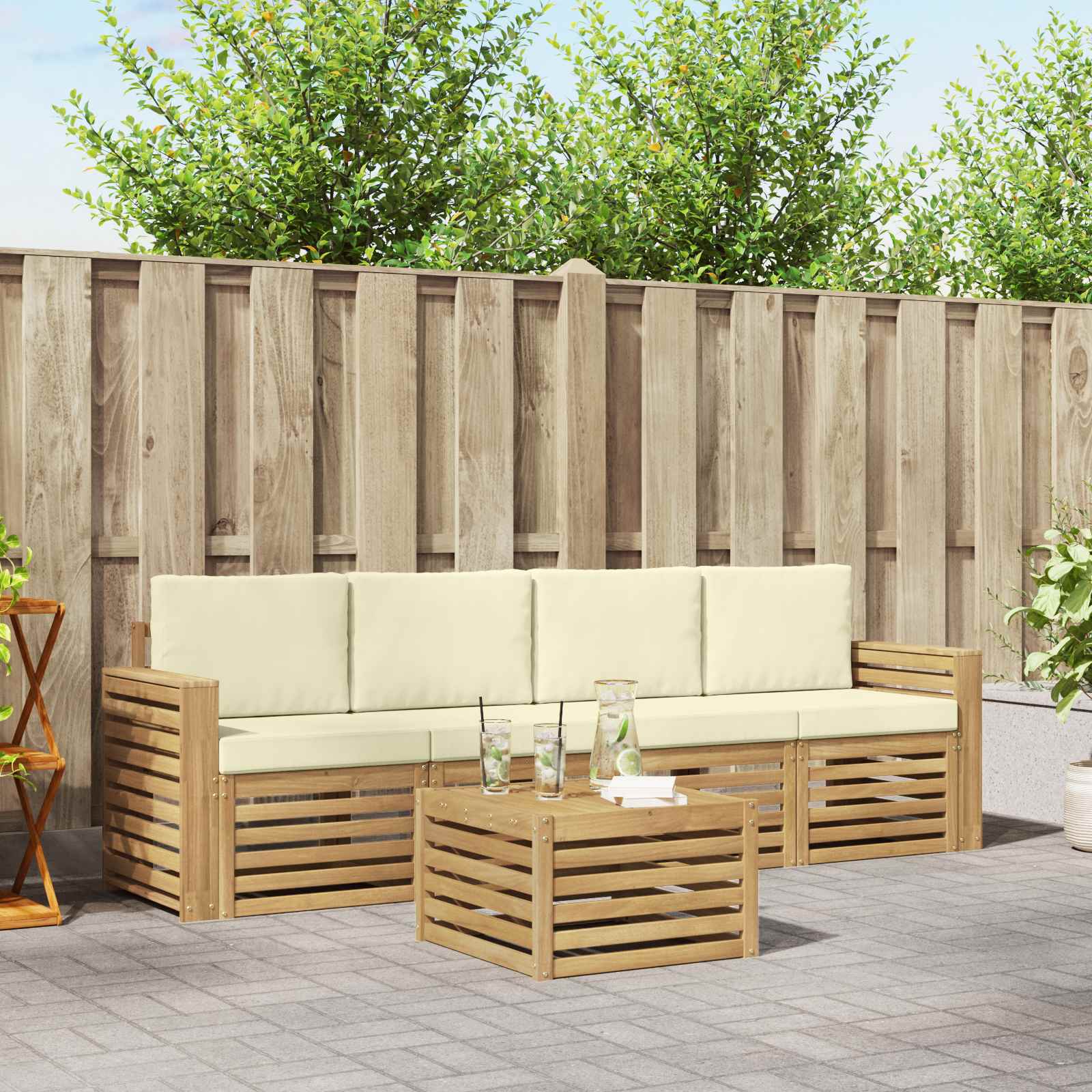 Outdoor-Sofagarnitur 5 stk. Weiß und Creme Polyester