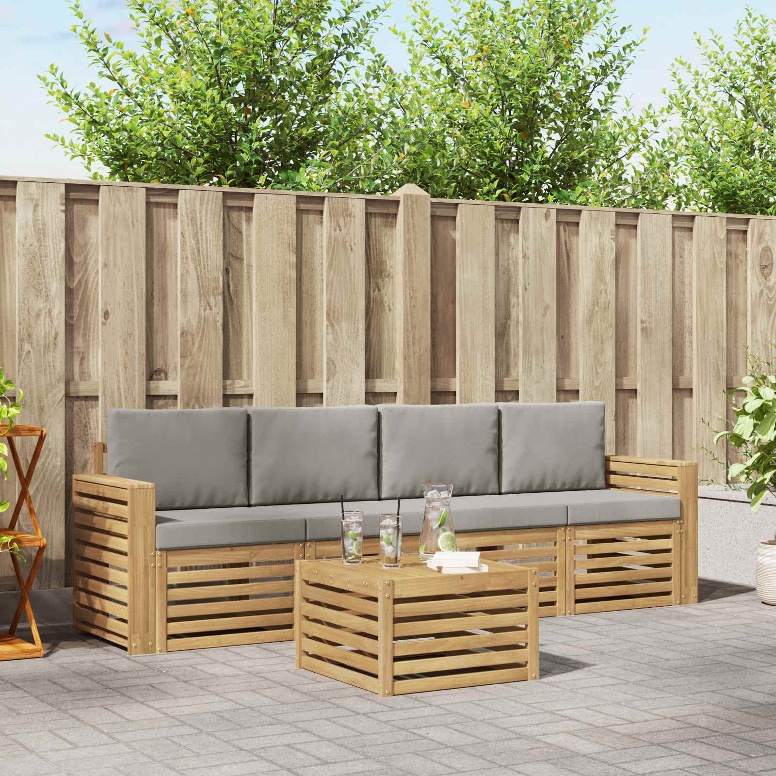 Outdoor-Sofagarnitur 5 stk. Weiß und Hellgrau Polyester